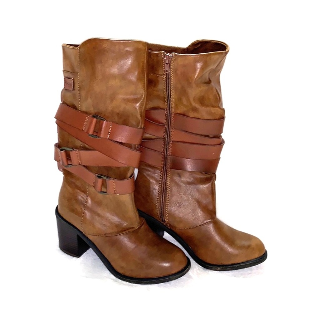 NWOT Brown stacked heel motorcycle boots